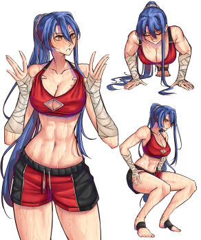 1girl abs absurdres bandaged_arm bandages blue_hair breasts briefs cleavage cleavage_cutout clothing_cutout commentary commission double-parted_bangs eiyuu_densetsu english_commentary exercising full_body highres large_breasts laura_s._arseid long_sidelocks male_underwear moren_eh muscular muscular_female ponytail push-ups sen_no_kiseki sen_no_kiseki_(series) sen_no_kiseki_iii sidelocks simple_background solo sports_bra squat_(exercise) sweat underwear white_background yellow_eyes