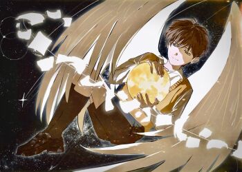 1boy 8d2suga9 black_eyes black_hair black_shorts collared_shirt feathered_wings full_body glowing highres holding_orb kim_dokja knees_up male_focus oldest_dream omniscient_reader&#039;s_viewpoint orbital_path shirt short_hair shorts sky smile solo space star_(sky) starry_sky sun vest white_shirt white_wings wings yellow_vest