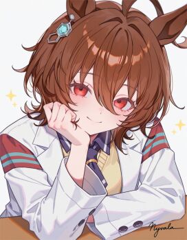 agnes_tachyon_(racehorse) agnes_tachyon_(tach-nology)_(umamusume) agnes_tachyon_(umamusume) ahoge animal_ears brown_hair highres horse_ears horse_girl huge_ahoge nyvala red_eyes sparkle umamusume