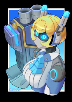 1girl a0robo artificial_eye artist_name blonde_hair blue_eyes border breasts collar doll_joints joints looking_at_viewer mecha_girl mechanical_hair metal_skin original robot robot_ears robot_girl robot_joints travel_attendant weapon