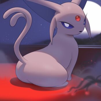 animal_focus ass blue_eyes blue_sclera colored_sclera espeon eyelashes forehead_jewel forked_tail furry furry_female gem gem_on_head gen_2_pokemon inkune lake long_ears looking_at_viewer looking_back moon moonlight night night_sky nintendo pokemon pokemon_(creature) purple_fur quadruped shadow sidelocks sky tail tail_raised white_iris