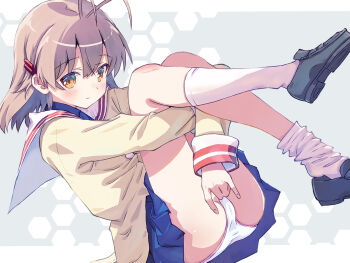 Rule 34 | 1girl, \m/, akayama yukihe, antenna hair, black shoes, blazer, blue skirt, blush, brown eyes, brown hair, cameltoe, clannad, closed mouth, commentary, eyes visible through hair, full body, furukawa nagisa, grey background, hair between eyes, hair ornament, hairclip, highres, hikarizaka private high school uniform, hugging own legs, jacket, kneehighs, knees together feet apart, knees up, letterboxed, loafers, looking at viewer, medium hair, miniskirt, panties, parallel hairclips, pleated skirt, sailor collar, school uniform, shoe dangle, shoes, simple background, sitting, skirt, sleeves past wrists, smile, socks, solo, thighs, underwear, white panties, white sailor collar, white socks, yellow jacket