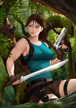 absurdres aqua_tank_top bare_shoulders braid breasts brown_eyes brown_hair brown_shorts closed_mouth cowboy_shot gun hair_between_eyes highres holding holding_gun holding_knife holding_weapon holster in_tree jyundee knife lara_croft large_breasts long_hair moss outdoors patreon_username shorts single_braid sweat tank_top thigh_holster tomb_raider tree weapon