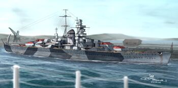 alternate_design cannon commission crane_(machine) cruiser highres kriegsmarine military military_vehicle no_humans ocean port ship ship_turret smokestack teisei_misagi vehicle_focus warship watercraft