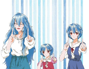3girls :d aged_down aged_up ayanami_rei blue_background blue_hair blue_skirt blush bow bowtie clone closed_eyes closed_mouth collarbone collared_shirt commentary dancing dated_commentary dress dress_shirt english_commentary eyelashes hair_between_eyes hands_up height_difference highres hoatra index_finger_raised jewelry koi_dance light_smile long_bangs long_hair long_sleeves messy_hair mixed-language_commentary multiple_girls multiple_persona neck_ribbon necklace neon_genesis_evangelion open_mouth parted_lips pendant pink_dress pom_pom_(clothes) puffy_short_sleeves puffy_sleeves red_bow red_bowtie red_eyes red_ribbon ribbon school_uniform shirt short_hair short_sleeves side-by-side skirt smile spoilers striped_background suspender_skirt suspenders tokyo-3_middle_school_uniform two-tone_background upper_body vertical-striped_background very_long_hair white_background white_shirt