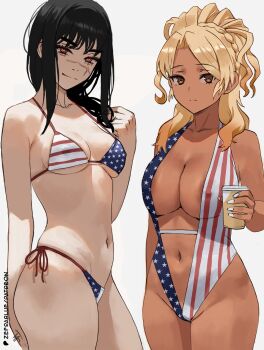 2girls american_flag american_flag_print areola_slip bikini black_hair blonde_hair braid breasts brown_eyes chainsaw_man cleavage closed_mouth collarbone covered_erect_nipples crossover cup dark-skinned_female dark_skin flag_print food_court_de_mata_ashita hand_up highres holding holding_cup large_breasts looking_at_viewer medium_breasts multiple_girls nail_polish navel orange_eyes parted_bangs patreon_logo red_eyes ringed_eyes scar scar_on_face side-tie_bikini_bottom simple_background slingshot_swimsuit strap_gap swimsuit underboob white_nails yamamoto_(food_court) yoru_(chainsaw_man) zefrableu