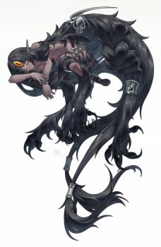 1girl absurdly_long_hair absurdres azurec66 black_hair braid breasts commentary completely_nude dark-skinned_female dark_skin english_commentary extra_eyes full_body highres long_hair medium_breasts navel nude original pointy_ears simple_background sleeping solo very_long_hair white_background yellow_eyes