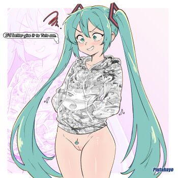 1girl absurdres ahegao_pattern aqua_eyes aqua_hair aqua_pubic_hair artist_name blush border bottomless cleft_of_venus colored_pubic_hair commentary cowboy_shot english_commentary english_text female_pubic_hair hair_between_eyes hatsune_miku highres hood hoodie long_hair looking_ahead outside_border piutahayo print_hoodie pubic_hair purple_background pussy solo speech_bubble teeth thought_bubble twintails v-shaped_eyebrows very_long_hair vocaloid white_border zoom_layer