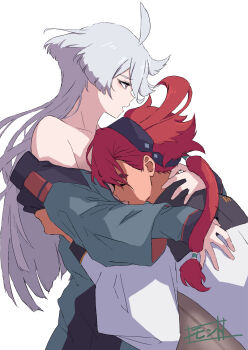 2girls asticassia_school_uniform bare_shoulders black_hairband black_pantyhose closed_eyes commentary_request green_jacket grey_eyes grey_hair gundam gundam_suisei_no_majo hairband highres hug jacket long_hair miorine_rembran monto_(user_dmde2437) multiple_girls open_mouth pantyhose ponytail red_hair school_uniform simple_background suletta_mercury white_background white_jacket yuri