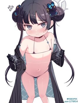 1girl artist_name bare_shoulders belt_collar bikini black_bikini black_coat black_eyes black_gloves black_hair blue_archive blush butterfly_hair_ornament closed_mouth coat coat_partially_removed collar collarbone commentary cum cum_on_body cum_on_hands cum_string double_bun ear_piercing english_commentary female_focus flying_sweatdrops gloves hair_bun hair_ornament halo highres kisaki_(blue_archive) loli long_hair looking_at_viewer micro_bikini navel piercing pixiv_id red_collar simple_background solo sseopik standing swimsuit twintails twitter_username white_background