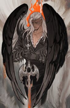 1boy angel_wings arms_up bare_pectorals black_gloves black_pants black_shirt black_wings cheseely closed_eyes closed_mouth collarbone commentary english_commentary fire gloves highres holding holding_sword holding_weapon king_(one_piece) lapels long_hair male_focus notched_lapels one_piece pants pectorals shirt solo spikes sword weapon white_hair wings