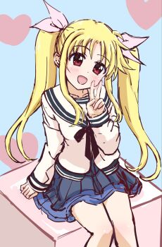 1girl :d black_neckerchief blonde_hair blue_background blue_skirt child commentary_request fate_testarossa floating_hair head_tilt heart highres long_hair long_sidelocks looking_at_viewer lyrical_nanoha mahou_shoujo_lyrical_nanoha neckerchief open_mouth parted_bangs red_eyes sailor_collar school_uniform serafuku shin_(ustir7) shirt sidelocks simple_background sitting skirt smile twintails upper_body v white_sailor_collar white_shirt wispy_bangs