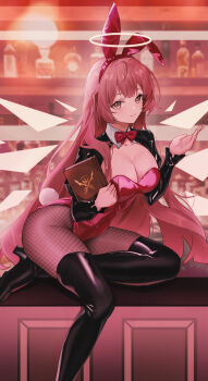 1girl absurdres angel animal_ears arknights bar_(place) black_boots black_shrug boots breasts cleavage detached_wings fake_animal_ears fishnet_pantyhose fishnets halo highres large_breasts lemuen_(arknights) leotard long_hair manche5ter pantyhose pink_eyes pink_hair pink_leotard playboy_bunny rabbit_ears shrug_(clothing) smile solo very_long_hair wings
