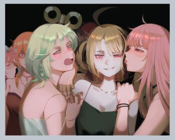 Rule 34 | 4dozeneggs, 6+girls, absurdres, black background, black camisole, black hair, blush, border, bracelet, camisole, cecilia immergreen, closed mouth, commentary, doll joints, elizabeth rose bloodflame, english commentary, gigi murin, green eyes, green hair, green streaks, grey border, hand on another's shoulder, hickey, highres, hololive, hololive english, jewelry, joints, kiss, licking, licking another's cheek, licking another's face, long hair, mori calliope, multiple girls, necklace, nerissa ravencroft, open mouth, orange hair, parted lips, pink eyes, pink hair, raora panthera, red hair, simple background, smile, takanashi kiara, virtual youtuber, white camisole, winding key, yuri