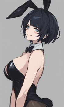 1girl animal_ear_hairband animal_ears black_bow black_bowtie black_hair black_leotard black_pantyhose blue_eyes bow bowtie breasts commentary_request detached_collar fake_animal_ears grey_background gundam gundam_gquuuuuux hairband highres kisaragi_shokuin leotard looking_at_viewer mature_female medium_breasts pantyhose playboy_bunny rabbit_ears rabbit_tail shiiko_sugai short_hair simple_background smile solo strapless strapless_leotard tail upper_body