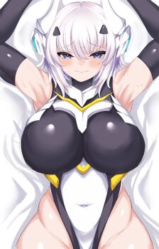 1girl armpits arms_up black_gloves blue_eyes blush breasts closed_mouth commentary_request covered_navel cowboy_shot elbow_gloves galahad_(starward) gloves highres hisagi_(hisagi00) huge_breasts leotard looking_at_viewer lying on_back raised_inner_eyebrows short_hair solo starward white_hair white_leotard