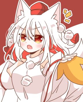 1girl animal_ear_fluff animal_ears chest_sarashi commentary_request detached_sleeves fang grey_hair hat hauchiwa holding inubashiri_momiji looking_at_viewer notice_lines open_mouth pom_pom_(clothes) red_eyes red_hat sarashi skin_fang smile solo tail tokin_hat touhou upper_body wakana1327 wolf_ears wolf_girl wolf_tail