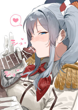 1boy 1girl absurdres beret blue_eyes blue_hat clothed_female_nude_male commentary_request epaulettes fellatio gloved_handjob gloves grey_hair grey_shirt handjob hat hetero highres jacket kantai_collection kashima_(kancolle) looking_at_viewer military_hat military_uniform neckerchief nude oral penis puffy_sleeves red_neckerchief shirt shishamo_(domado) testicle_grab tongue tongue_out two_side_up white_jacket