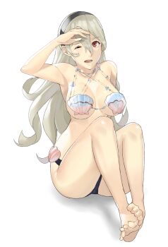 1girl arm_behind_head barefoot bikini bikini_top_only breasts embarrassed feet female_corrin_(cipher_shell_bikini)_(fire_emblem) female_corrin_(fire_emblem) fire_emblem fire_emblem_cipher fire_emblem_fates fire_emblem_if hairband highres j@ck jewelry large_breasts long_hair looking_away navel necklace nintendo one_eye_closed pointy_ears red_eyes seashell shell shell_bikini simple_background soles swimsuit tareme toes white_background white_hair