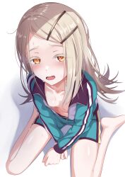 Rule 34 | 1girl, :o, bare legs, barefoot, blush, breasts, chi xiao, collarbone, exhausted, gakuen idolmaster, gradient hair, grey hair, highres, idolmaster, jacket, light brown hair, long hair, looking at viewer, multicolored hair, partially unzipped, shinosawa hiro, sitting, small breasts, solo, sweat, track jacket, very long hair, wariza