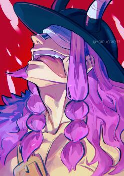 1boy bandages bandages_over_eyes black_hat braid braided_sidelocks collarbone commentary_request covered_eyes facial_hair hat highres horns komucom03 loki_(one_piece) long_hair male_focus one_piece open_mouth pectorals purple_hair red_background sidelocks solo teeth tongue tongue_out topless_male twitter_username upper_body upper_teeth_only