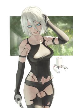 1girl a2_(nier:automata) absurdres alternate_hair_length alternate_hairstyle android artist_name bare_shoulders black_gloves blue_eyes breasts commentary elbow_gloves english_commentary gloves highres joints large_breasts looking_at_viewer mercaxy mole mole_under_mouth navel nier:automata nier_(series) no_blindfold robot_joints short_hair shorts sword thighhighs torn_clothes twitter_username virtuous_contract weapon white_hair yorha