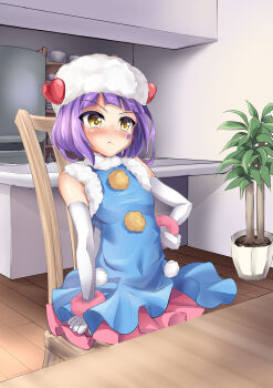 1girl aya_(wixoss) blue_dress chair closed_mouth dress elbow_gloves gloves hat highres indoors looking_at_viewer medium_hair on_chair pink_skirt plant potted_plant puffy_cheeks purple_hair short_hair skirt smile solo table white_gloves white_hat wixoss yasuu_(ezuw3737) yellow_eyes