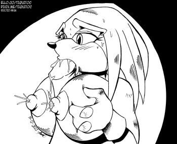 1boy 1girl 2022 blush breasts cum cum_in_mouth dated fellatio genderswap genderswap_(mtf) gloves half-closed_eyes knuckles_the_echidna lactation looking_ahead monochrome muscular_arms nipples oral paizuri pen_(medium) penis sega signature simple_background sonic_(series) spiked_knuckles sweat tendrils tiquitoc traditional_media watermark web_address white_gloves