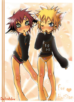 2boys animal_ears aqua_eyes blonde_hair blue_eyes blush cat_boy cat_ears chibi clothing_mix darksahdow fox_ears foxboy gaara hear heart male_focus multiple_boys naruto_(classic) naruto_(series) panties red_hair shota underwear uzumaki_naruto