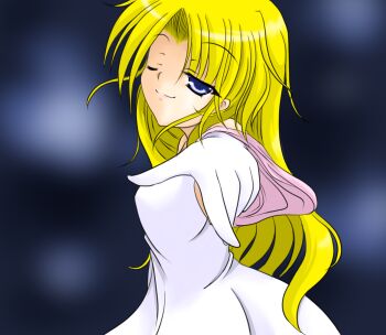 Rule 34 | 1girl, blonde hair, long hair, marie (seihou), one eye closed, seihou, smile, tsunogiri