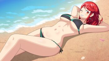 1girl armpits artist_request beach bikini blush breasts earrings feet_out_of_frame female_focus jewelry large_breasts looking_at_viewer lying navel on_back one_eye_closed outdoors pyra_(xenoblade) red_eyes red_hair sand shadow smile solo swimsuit water wink xenoblade_chronicles_(series) xenoblade_chronicles_2