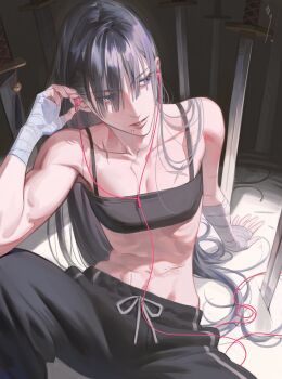 1girl abs absurdres an_kyoung bandaged_hand bandages black_hair collarbone earbuds earphones highres holding_earbud long_hair original pants purple_eyes sitting solo sweatpants sword toned toned_female weapon