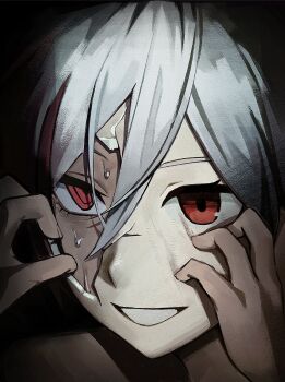 1girl 7h3rd cosplay cracked_kawaii_mask fu_hua fu_hua_(garuda) herrscher_of_sentience herrscher_of_sentience_(cosplay) highres honkai_(series) honkai_impact_3rd red_eyes solo sweat upper_body white_hair