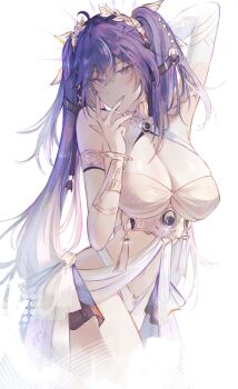 1girl a_r_i_a alternate_breast_size_(larger) arm_behind_head arm_up blue_eyes blue_hair blue_nails breasts cleavage closed_mouth clothing_request commentary iuno_(wuthering_waves) large_breasts long_hair looking_at_viewer nail_polish solo twintails very_long_hair white_background wuthering_waves