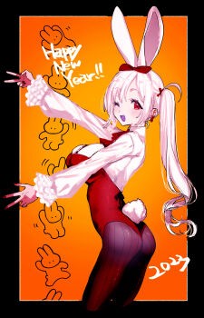 1girl 2023 :d absurdres animal_ears black_border black_pantyhose border bow breasts colored_tongue commentary_request cropped_legs earrings eurasia_(wtp09ptw14) fang from_side hair_bow happy_new_year highres jewelry large_breasts leotard long_hair looking_at_viewer new_year one_eye_closed open_mouth orange_background original outside_border pantyhose parted_bangs playboy_bunny purple_tongue rabbit_ears rabbit_girl rabbit_tail red_bow red_eyes red_leotard shirt shirt_tucked_in side_ponytail smile solo strapless strapless_leotard tail w white_hair white_shirt