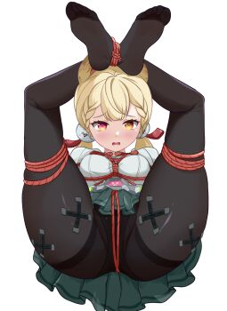 Rule 34 | 1girl, alice thymefield, animal ears, ass, bdsm, black pantyhose, blonde hair, blush, bondage, bound, bound ankles, bound legs, braid, breast bondage, breasts, chinese commentary, commentary request, green skirt, hair ornament, heterochromia, highres, legs up, looking at viewer, lying, on back, open mouth, pantyhose, rabbit ears, rabbit girl, red eyes, red rope, rope, shibari, shibari over clothes, shirt, simple background, skirt, solo, sphere hair ornament, spread legs, thighs, twintails, white background, white shirt, xinyu ypd3167, yellow eyes, zenless zone zero