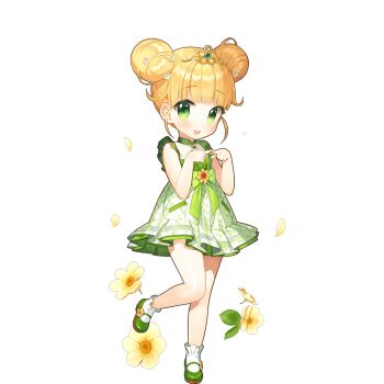 1girl aged_down bare_shoulders blonde_hair double_bun dress flower gold_tiara green_dress green_eyes green_shoes hair_bun index_fingers_together looking_at_viewer salt_(salty) sapphire_emerald shoes short_hair socks uchi_no_hime-sama_ga_ichiban_kawaii white_socks