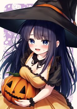 Rule 34 | 1girl, :d, black hat, black ribbon, blue eyes, blush, border, breasts, cleavage, commentary request, dress, halloween, hat, highres, holding, holding pumpkin, jack-o'-lantern, long hair, looking at viewer, medium breasts, neck ribbon, open mouth, original, pleated dress, puffy short sleeves, puffy sleeves, pumpkin, purple background, purple hair, ribbon, shishou (doragyurosu), short sleeves, smile, solo, sweat, very long hair, white border, witch hat, wrist cuffs, yellow dress