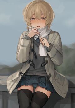 1boy black_thighhighs blonde_hair blue_eyes blue_necktie blue_panties blue_skirt blue_sky blush bulge coat commentary_request cowboy_shot crossdressing crossdressing_(mtf) grey_coat grey_sweater_vest grey_vest hair_between_eyes hands_up long_sleeves looking_at_viewer male_focus medium_hair necktie open_clothes open_coat open_mouth original outdoors panties partial_commentary pleated_skirt scarf school_uniform sidelocks sitting sketch_background skirt sky smile solo sunaba_(nczd5875) sweat sweater_vest thigh_gap thighhighs thighs trap underwear vest wet white_scarf
