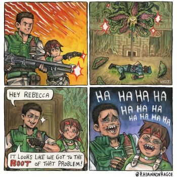 1boy 2girls absurdres artist_name bandana black_gloves brown_hair chris_redfield commentary door earrings english_commentary family_guy_death_pose_(meme) fingerless_gloves gloves gun handgun highres holding holding_gun holding_weapon jewelry jill_valentine laughing meme multiple_girls open_mouth plant_42 plant_monster rebecca_chambers red_bandana resident_evil resident_evil_1 rhiannon_kagoe shotgun sparkle speech_bubble weapon
