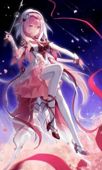 1girl absurdres beret breasts chinese_commentary commentary_request diamond-shaped_pupils diamond_(shape) dress elf elysia_(hi_love_elf)_(honkai_impact) elysia_(honkai_impact) field flower flower_field gloves hat highres holding holding_wand honkai_(series) honkai_impact_3rd large_breasts long_hair multicolored_dress multicolored_hair night night_sky pink_dress pink_gloves pink_hair pointy_ears purple_eyes red_dress revision shooting_star single_glove sky smile solo star_(sky) starry_sky symbol-shaped_pupils thighhighs two-tone_hair very_long_hair wand white_dress white_hair white_thighhighs yonghengzhili
