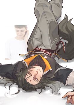 1boy arms_up black_hair black_jacket black_tail chinese_clothes closed_mouth commentary cowboy_shot crossed_legs english_commentary facial_mark forehead_mark grey_pants half-closed_eyes highres jacket legs_up long_hair lying male_focus on_back pants red_eyes simple_background solo tofuisstilltofu transformation upside-down white_background ye_shiyuan zenless_zone_zero