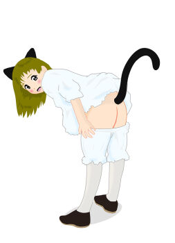 1girl animal_ears ass bent_over black_eyes black_shoes bloomers bloomers_pull blush brown_hair cat_ears cat_girl cat_tail clothes_lift clothes_pull dress dress_lift from_behind grey_socks kneehighs loli long_hair looking_at_viewer looking_back neko_no_kimagure open_mouth original shoes short_sleeves smile socks standing tail underwear white_background white_bloomers white_dress