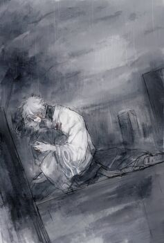1boy 1girl blood blood_on_clothes blood_on_face commentary_request gintama grave greyscale highres hug japanese_clothes kimono long_sleeves lushu_kuye male_focus messy_hair monochrome otose popped_collar rain sakata_gintoki spot_color tombstone