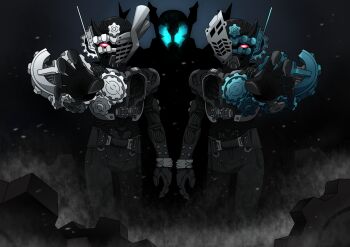 Rule 34 | 3boys, absurdres, antennae, black background, black bodysuit, bodysuit, compound eyes, cowboy shot, engine, engine bro's, gears, glowing, green eyes, highres, kamen rider, kamen rider build (series), kamen rider rogue, male focus, multiple boys, open hands, otokamu, red eyes, remocon bro's, shadow, steam, symmetrical hand pose, symmetrical pose