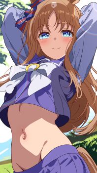 1girl 96dai_0313 absurdres animal_ears arms_behind_head blue_eyes blue_ribbon blue_skirt blush bow brown_hair closed_mouth ear_ribbon grass_wonder_(umamusume) groin highres horse_ears horse_girl horse_tail long_hair long_sleeves looking_at_viewer midriff navel ribbon school_uniform skirt smile solo tail tracen_school_uniform umamusume