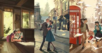 1boy 2girls age_progression aged_down anya_(spy_x_family) blonde_hair child dress earrings evolution formal_clothes hairband height_difference highres holding husband_and_wife jewelry multiple_girls qksas3 red_eyes short_hair_with_long_locks spy_x_family timeskip twilight_(spy_x_family) white_hairband yor_briar