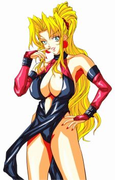 1girl aqua_eyes bad_id bad_pixiv_id blonde_hair breasts bridal_gauntlets cleavage earrings female_focus fingernails hand_on_own_hip high_ponytail jewelry large_breasts leotard long_hair mitake830 mitake_2000 no_bra pelvic_curtain ponytail smile sofia sofia_(toushinden) solo tamsoft toushinden white_background