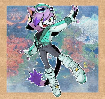 1girl animal_ears backwards_hat belt blaze_the_cat boots cat_ears cat_girl cat_tail colored_tips cosplay earrings eyewear_on_head fang fingerless_gloves forehead_jewel gloves hat highres jacket jewelry kryptiq_kreachur map mario_(series) mario_kart mario_kart_world multicolored_hair nintendo open_clothes open_jacket purple_fur purple_hair rosalina rosalina_(cosplay) rosalina_(touring) signature smile sonic_(series) star_(symbol) star_earrings tail white_boots world_map yellow_eyes