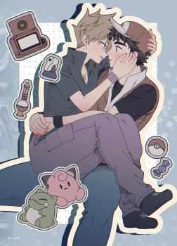 Rule 34 | 2boys, absurdres, armband, arms around waist, baseball cap, black hair, black shirt, black shoes, blue oak, blue pants, blush, brown hair, collared jacket, collared shirt, commentary request, eye contact, hand on another's face, hand on another's head, hat, highres, jacket, looking at another, male focus, multiple boys, nintendo, open collar, pants, parted lips, pk rgr96, poke ball, poke ball (basic), poke flute, pokedex, pokemon, pokemon frlg, popped collar, potion (pokemon), rare candy, red (pokemon), red hat, red jacket, shirt, shoes, short hair, short sleeves, sitting, sitting on lap, sitting on person, sleeveless, sleeveless jacket, spiked hair, substitute (pokemon), yaoi